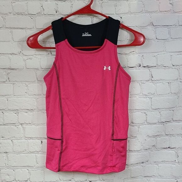 Women's UA Running Tank Pink Black Fitted Under Armour Sleeveless Top Shelf Bra - Picture 1 of 8